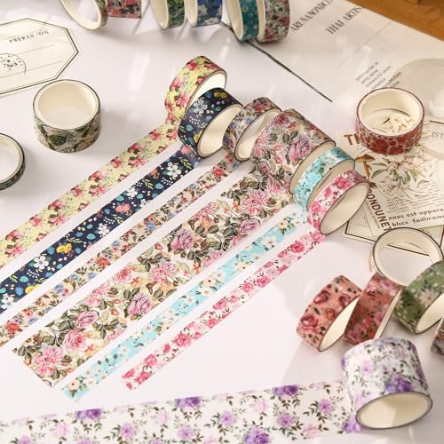 Floral Washi Tape Set - 15 Rolls Flowers Arts Adhesive Tapes Garden Blooms Decorative Masking Tape Sets for Craft, Kids, Scrapbook, DIY, Gift Wrloapping (5-Pastel Garden)