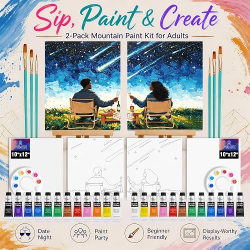QUANWAISJ Sip and Paint Kit for Adults, Pre Drawn Canvas for Painting for Adults, 2 Pack Canvas Painting Kit, Paint Party Kit, Date Night Activities for Couples, Valentine’s Day (Starry Wishes)
