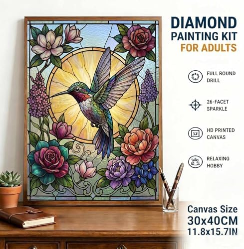Stained Glass Diamond Art Kits for Adults, Hummingbird Diamond Painting