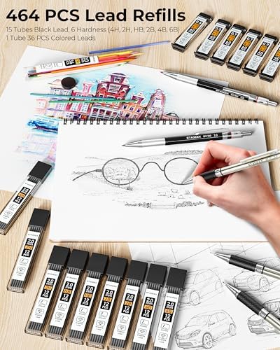 STAGEEK Mechanical Pencil Set with Leather Bag 30 Count, Drawing Pencils 0.5, 0.7, 0.9MM & 3PCS 2MM Sketching Pencils with 464PCS Lead Refills (6B 4B 2B HB 2H 4H Color) for Artist Drafting Drawing