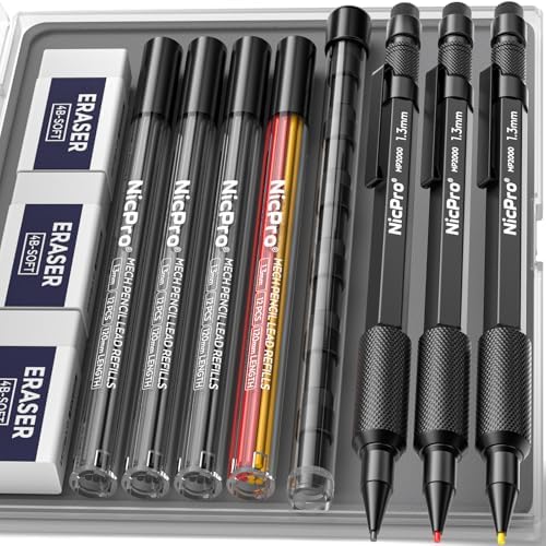 Nicpro 3 PCS 1.3 mm Mechanical Pencils Set with 48 Lead Refill, 3 Eraser