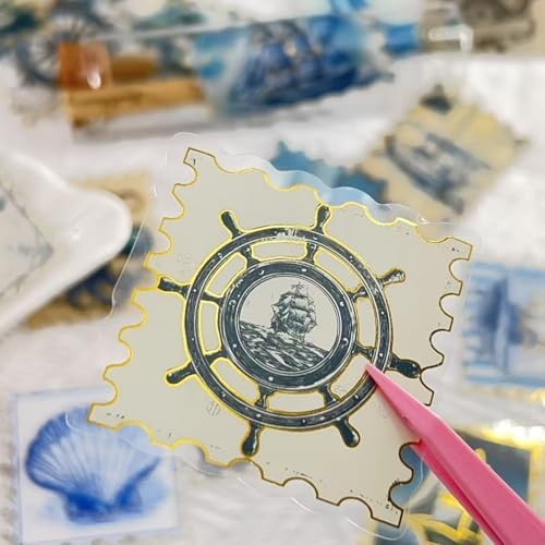 50PCS Travel Stamp Stickers, Gold Foil Scrapbook Supplies | Waterproof Vintage Travel Stickers for Journal,Planner,DIY Craft,Diary, Water Bottle,Laptop