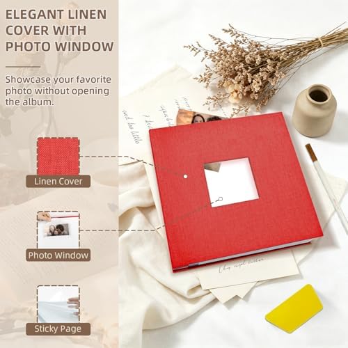Popotop Photo Album Self Adhesive with Picture Display Window,40 Pages DIY Scrapbooking Supplies Kit for 4x6 8x10 Picture,Linen Cover Memory Book for Baby Wedding, with Scraper and Metallic Pen