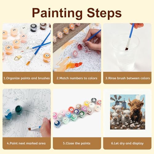 Gemozaic Highland Cow Paint by Numbers Kit for Adults, 16x16 in, Unframed