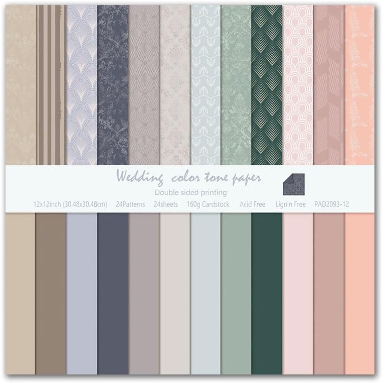 Wedding Tone Scrapbook Paper 24 Sheets Pattern Paper Double Sided Printing for DIY Card Making Scrapbook Wedding Photo Album Home Décor-12 x 12 Inches