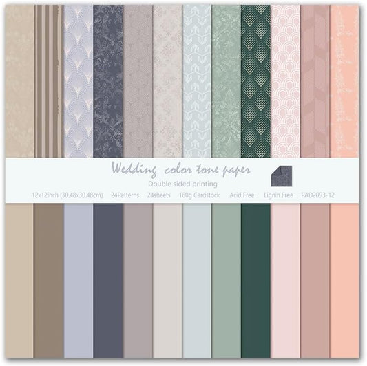 Wedding Tone Scrapbook Paper 24 Sheets Pattern Paper Double Sided Printing for DIY Card Making Scrapbook Wedding Photo Album Home Décor-12 x 12 Inches