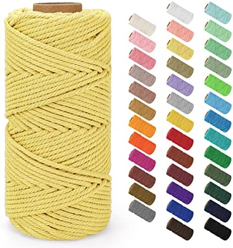 Macrame Cord 4mm x 109Yards (328Feet), Natural Cotton Macrame Rope - 4 Strands Twisted Macrame Cotton Cord for Wall Hanging, Plant Hangers, Crafts, Gift Wrapping and Wedding Decorations, Light Yellow
