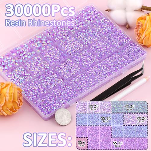 30000Pcs Lavender Purple AB Rhinestones for Bedazzling with B7000 Jewelry Glue, Bedazzler Kit Bulk Flatback Gems, Resin Rhinestones for Crafting Crafts Clothing Shoe Nail Art Assorted Size 2/3/4/5/6mm
