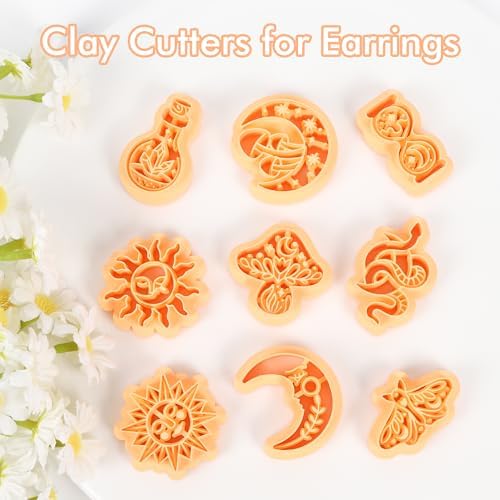 Puocaon Mystic Boho Clay Cutters - 9 Pcs Polymer Clay Cutters for Earrings Jewelry, Mushroom Sun Moon Moth Snake Bottle Shape
