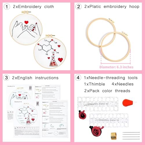 Valentine's Day Embroidery Kits for Beginners Adults, Romance Love Heart Embroidery Needlepoint Kits, Hand Stamped Cross Stitch Kits for Beginners Adults, 2 Embroidery Hoops (Attached Video Tutorial)
