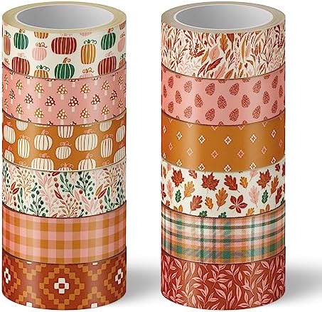 Whaline 12 Rolls Fall Pumpkin Washi Tape Autumn Leaves Boho Washi Masking Tape Thanksgiving Pumpkin Maple Leaf Print Decorative Craft Tapes for Fall Scrapbook Gift Wrapping DIY Art Crafts, 16.4Ft