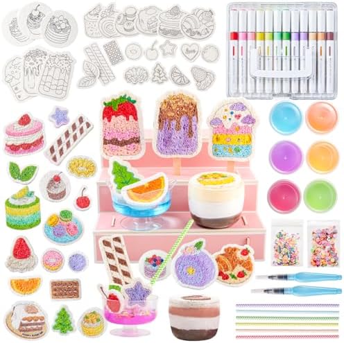 Shuttle Art 105 Pcs Magic Foam Texture Painting Kit Dessert Series: 24 Dessert Foam Pieces, Slime, Clay, Pastry Display Case, 12 Acrylic Paint Markers, Magical 3D Effect DIY Art for Kids Ages 3-12
