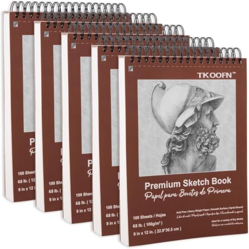 TKOOFN 5 Pack 9" x 12" SketchBooks Bulk,Top Spiral Bound Sketchbook