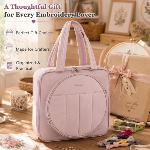 Puffy Embroidery Project Bag, Quilted Embroidery Floss Organizer for Hoops up to 11", Cross Stitch Project Storage Case for Needlepoint Project, Thread & Stitch Tools