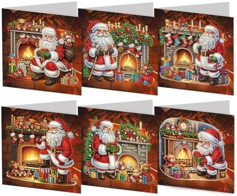 POETRYDRAW 6 Pack 5D DIY Diamond Art Painting Santa Claus Greeting Card Kit, Diamond Art Birthday Holiday Greeting Card, Crafts Kit Creative with Envelope