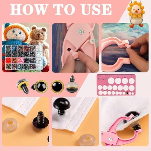 Amigurumi Safety Eyes Kit with Ergonomic Snapper Tool - 1150PCS 3D Glitter Safety Eyes and Noses for Crocheting, Beginner Friendly Stuffed Animal Eyes 5-30mm with Storage Case