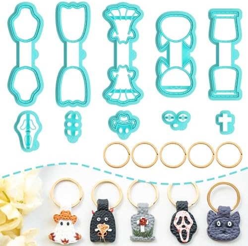 Tainsky Halloween Shapes Keychain Polymer Clay Cutter, 10 Shapes Fall Polymer Clay Keychain Cutters (B)