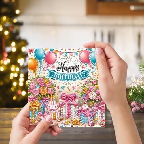 Zyvoreva 12 PCS Birthday Diamond Art Greeting Cards with Envelopes, Cake Square Diamond Painting Greeting Cards Kit for Adults DIY Holiday(Birthday)