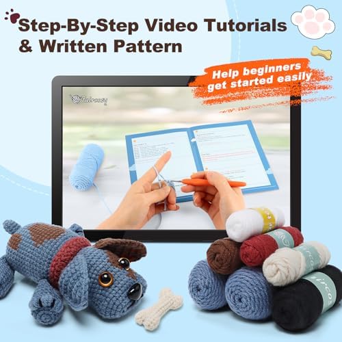Faircosy Animal Crochet Kit for Beginners Adults: Learn to Crochet Starter Kits with Detailed Video Tutorials - DIY Crochet Cute Dog Kit for Women Men