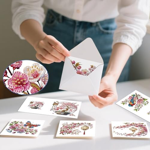6pcs 5D DIY Diamond Painting Kit Greeting Card, Small Bird Peach Blossom Diamond Handmade Greeting Card with Envelope, Holiday Gift Congratulations
