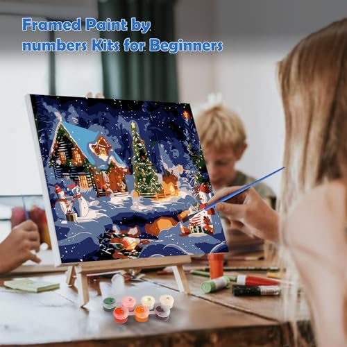 MOGTAA Christmas Paint by Numbers Kit for Adults Beginners with Frame, Winter Adult Paint by Number Kits on Canvas with Easel, Easy DIY Snowman Oil Painting Kits for Home Decor, 8x12in