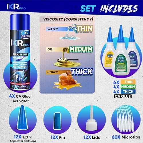 CA Glue with Activator Kit – 12 x 1.75 oz (Thin, Medium, Thick) + 4X 16.9 fl oz Accelerator Spray, Cyanoacrylate Super Glue for Woodworking, 3D Printing, Plastic, Guitar Repair & Hobby Projects