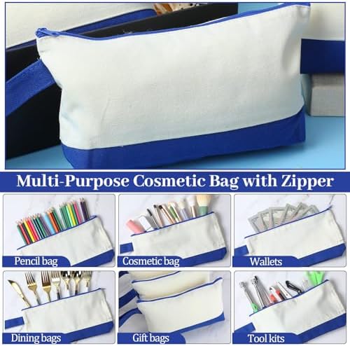 Silkfly 15 Pcs Cotton Canvas Makeup Bags Cosmetic Zipper Bags 10.2 x 5.5 x 2'' Blank DIY Pouch Bulk Pencil Case with Bottom Travel Toiletry Pouch for Women Craft Decor Gift (Beige and Blue)