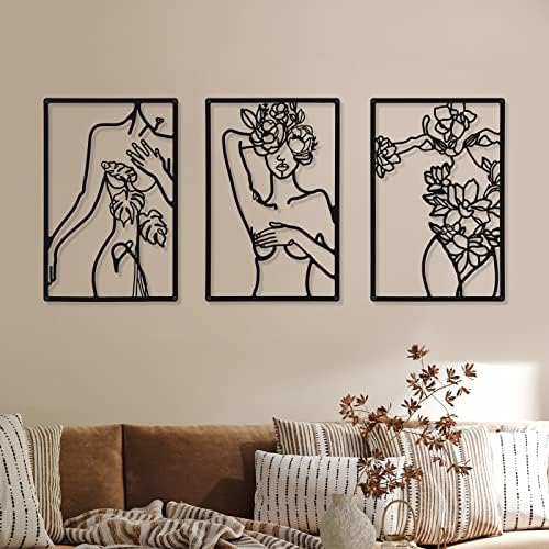 CHENGU 3 Pieces Metal Minimalist Abstract Woman Wall Art Line Drawing Wall Art Decor Single Line Female Home Hanging for Kitchen Bathroom Living Room
