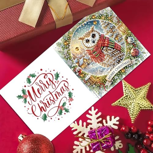 6Pcs Christmas Greeting Card DIY Diamond Art Painting Greeting Cards Blessing Folding Card Kit with White Envelopes Diamond Arts Crafts for Birthday Festival Gift-Owl