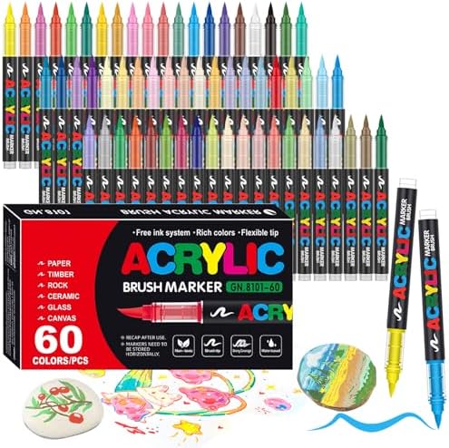 60 Colors Soft Brush Tip Acrylic Markers Set, Paint Pens for Rock, Wood, Fabric, Canvas, Glass, DIY Crafts, Waterproof Paint Markers, Vibrant Acrylic Pens for Artists and Art Projects