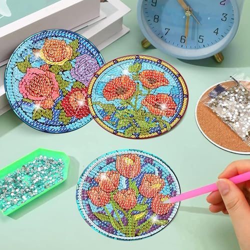 Meothan 8 Pcs Flowers Diamond Art Coasters Kit for Adults with Holder 4x4in