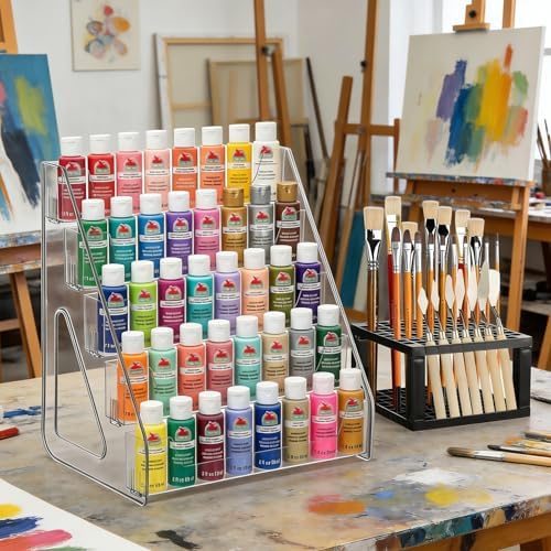 YEXEXINM Heightened Clear Paint Organizer with Paint Brush Holder 5-Tier Acrylic Craft Storage Stand for Bottles Paint Storage Rack Miniature Paint Holder Display Craft Paint Organizer Rack