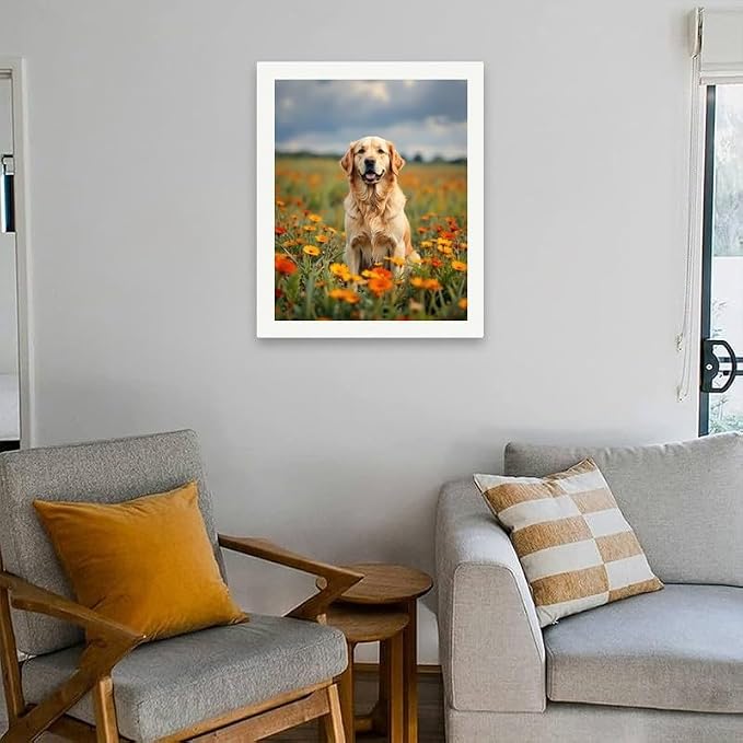 Golden Retriever Paint by Numbers Kit for Adults - DIY Dog Sitting in Orange Flower Field Painting on Canvas 16x20 Inches, Acrylic Paint Set, Suitable for Beginners, Art for Home Decoration or Gifts