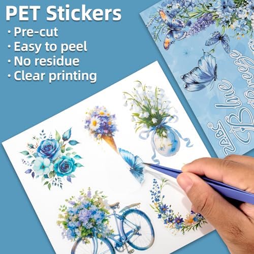 Blue Butterfly Garden Theme Sticker Scrapbooking Supplies for Junk Journal, 30 Sheets PET Stickers - Vintage Journaling Stickers, Ephemera Sticker Book Pre Cut(TZ-005-002)
