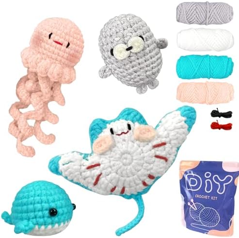 YAMAXIN Crochet Kit for Beginners – Ocean Animal Amigurumi DIY Yarn Kit with Step-by-Step Instructions, Tools & Soft Yarn – 4 Pack Crochet Kit Gift for Adults
