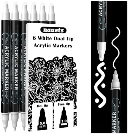 nauets 6 White Dual Tip Acrylic Paint Markers Pens - Dot & Fine