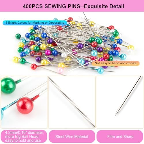 50Pcs Sewing Clips & 400PCS Sewing Pins with Box, Assorted Colors Quilting Clips Fabric Clips for Sewing Quilting Supplies Crafting Tools, Straight Pins with Colored Pearlized Ball Heads Long 1.6inch