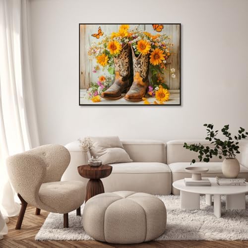 Paint by Numbers Kit for Adults, Cowgirl Boots Sunflower, 16 x 20 Inch | DIY Adult Paint by Number Kit on Canvas for Beginners, without Frame, Western Farmhouse Wall Decor, Stress Relief Craft Gift