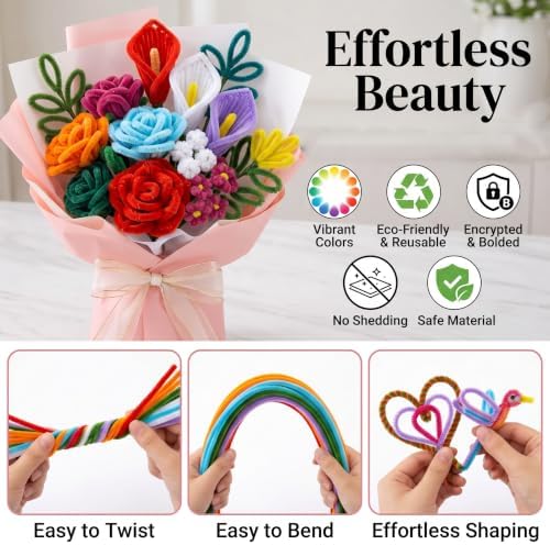 800 PCS Pipe Cleaners Flower Kit - 8 Colors Thickened Chenile Stems Craft Kit with Stems, Tape, Stamens, Manual, Greeting Card, Beauty DIY Flowers Gifts for Family Crafts, Party Holiday Decor