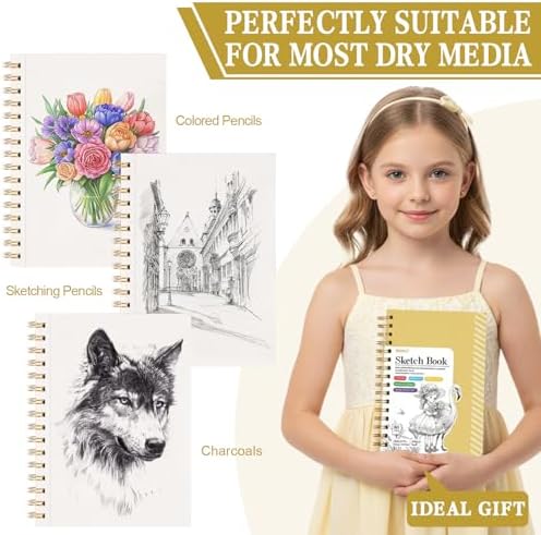 5.5×8.5In Sketch Book for Kids, 100gsm Spiral Sketchbook for Drawing,Yellow | 90 Sheets Acid-Free Drawing Paper with Pencils, Tear-Out Pages, for Drawing & Sketching, idea for Back-to-School Gifts