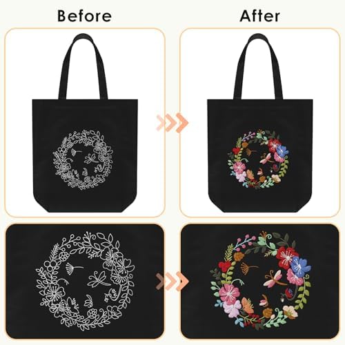 ERKOON Canvas Tote Bag Embroidery Kit for Beginners, Floral Arts Crafts Cross Stitch Kits for Adults Including Stamped Embroidery Bag with Hoops, Needle, Instruction and Color Threads(Wreath)