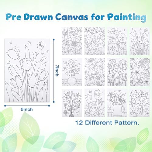 Louise Maelys 5x7 Inch Pre Drawn Canvas to Paint,12 Packs Floral Theme