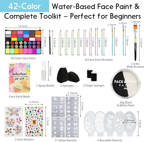 Pintada 42 Color Face Painting Kit for Kids - Non Toxic Water Based Face Paint Palette With Black and White Face Paint, Stencils, Brush, Gems. For Carnival, Halloween, Costume Makeup
