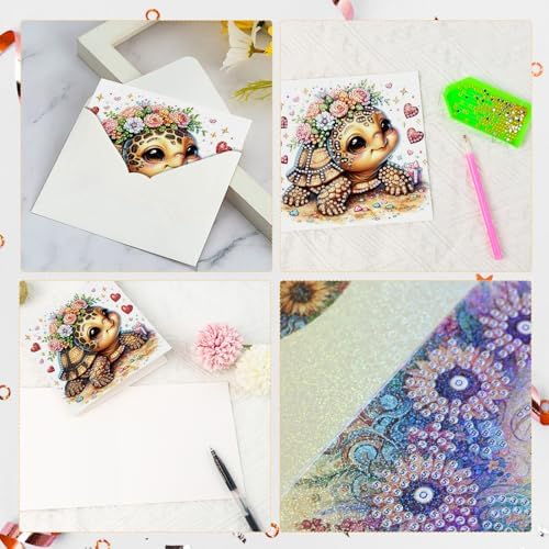 antor 6 pcs Diamond Art Painting Greeting Card Kits, Animal Cute Turtle Design Irregular Shapes Diamond Art Fine Glitter Greeting Cards with Envelopes, Clay Glue, Pen, and Bead Bag for Creative Gifts