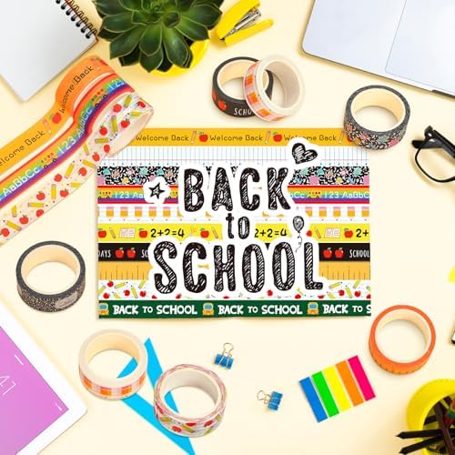 Whaline 12 Rolls Back to School Washi Tape Masking Tape Set Composition Notebook Speckled Pencil Apples Classroom Wrapping Paper Tapes for First Day of School Scrapbook Journal DIY Crafts