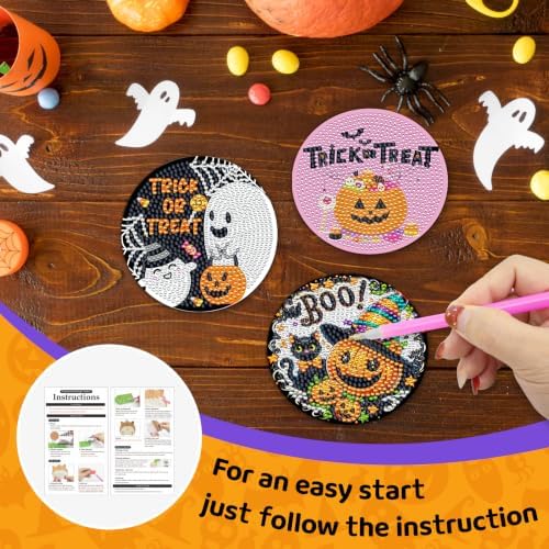 Halloween Diamond Art Coaster Kit with Holder, 8PCS Spooky Diamond Painting