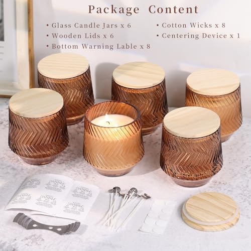 6 Pcs 13.5 OZ Terracotta Large Candle Jars for Making Candles, Ribbed Unique Candle Jars, Glass Jars with Wooden Lids and Labels for Candle Making Supplies, Container, Gift