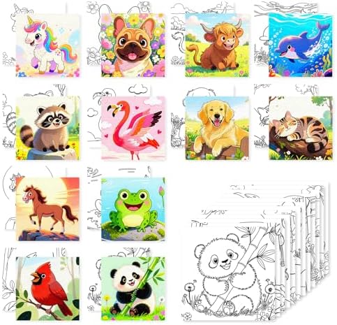 Animal 12 Packs Pre Drawn Canvas to Paint, Pre Printed Canvas for Painting, Pre Stretched Canvas Outline Painting Boards for Beginners, Students, Party Favors