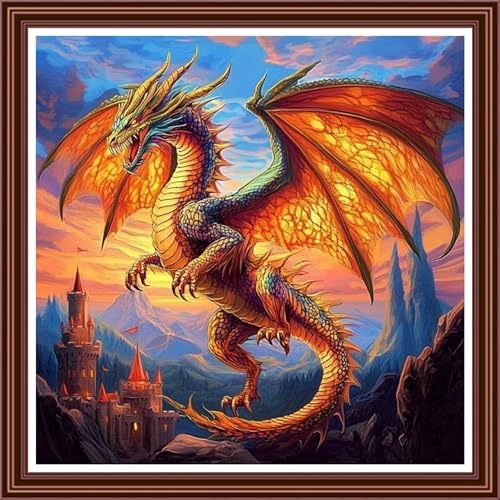 Dimensean Counted Cross Stitch Kit for Beginners, 11CT Unprinted Cross-Stitch Kit Easy Patterns Needlepoint Kit Cross Stitching Embroidery Kit Supplies-Castle Dragon 18x18 inch