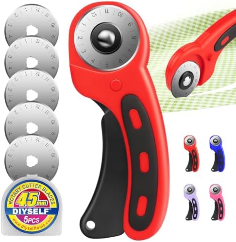 DIYSELF Rolling Cutter for Fabric 45mm, 5 Extra Blades, Safety Lock Cutter